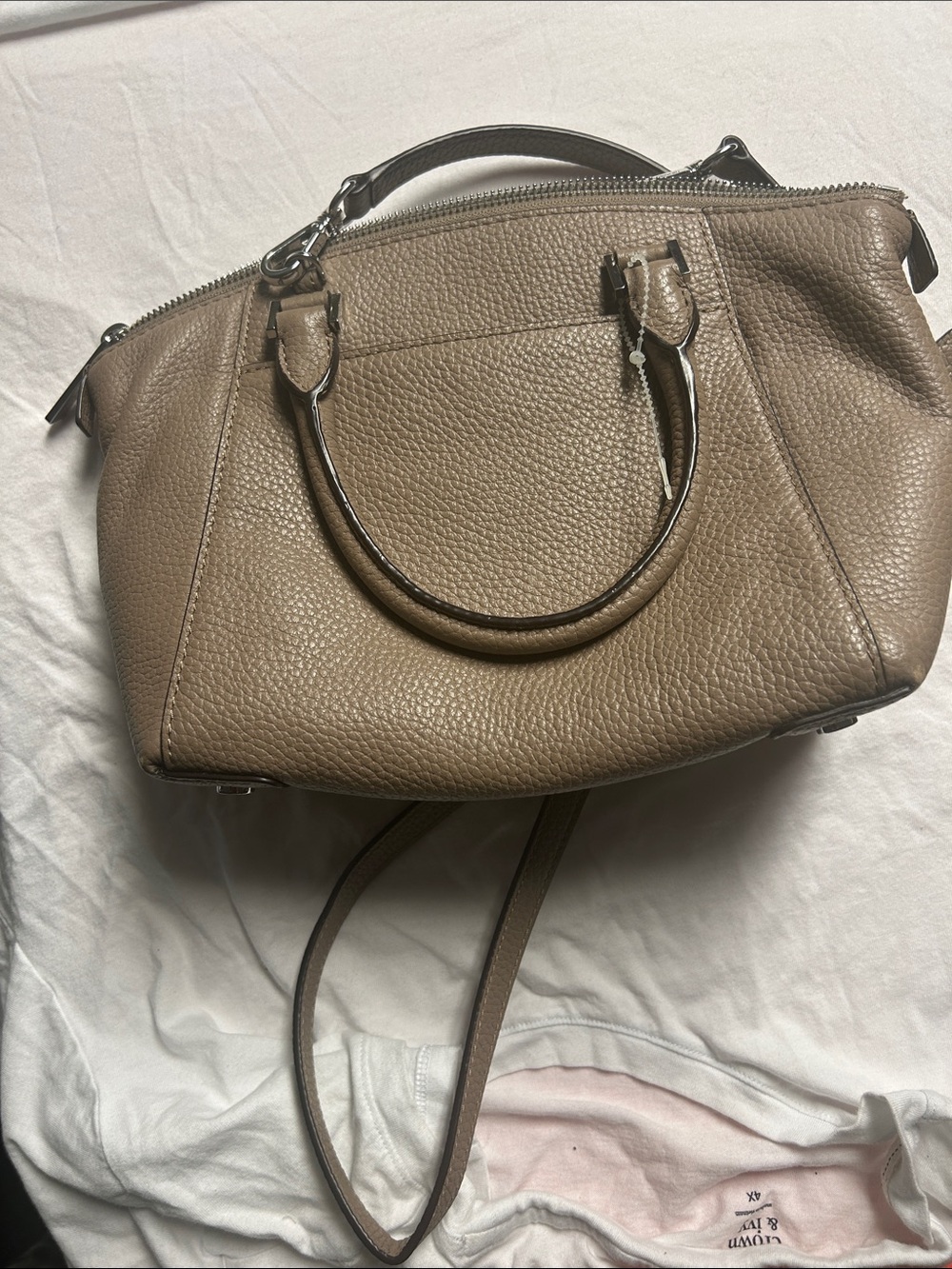 Michael Kors Brown & Beige Geometric Leather Satchel with MK Charm; 20-26” strap - Picture 2 of 15